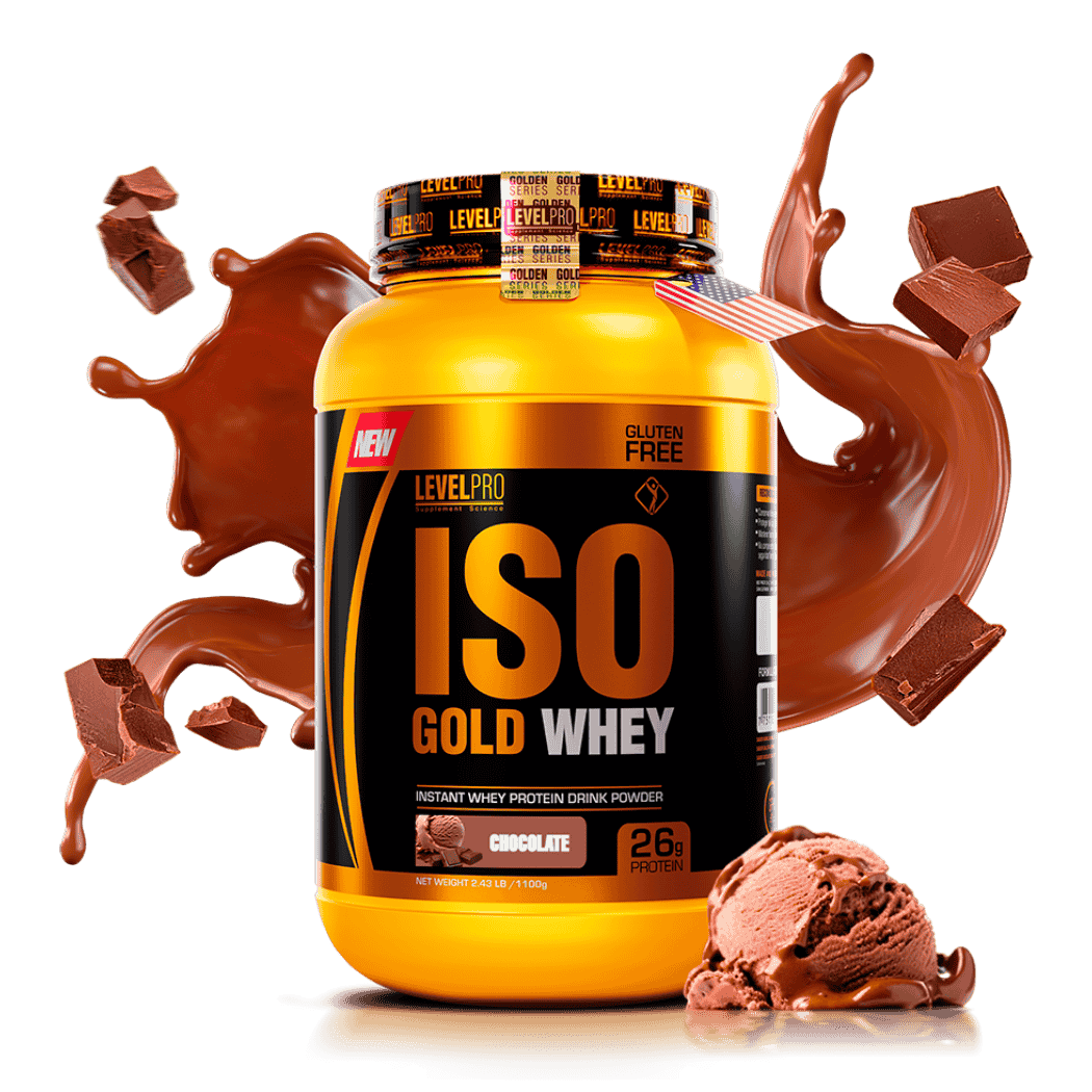 Envase de Proteína Iso Gold Whey 1100g Chocolate Level Pro – Suplemento premium con proteína de suero para acompañar tu alimentación diaria