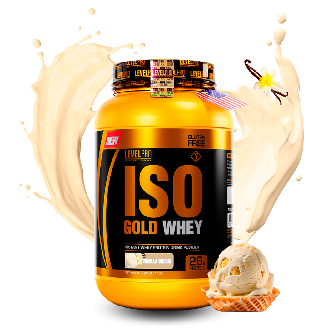 Envase de Proteína Iso Gold Whey 1100g Level Pro Vainilla – Proteína de suero de leche de alta calidad para ganar masa muscular y recuperación rápida