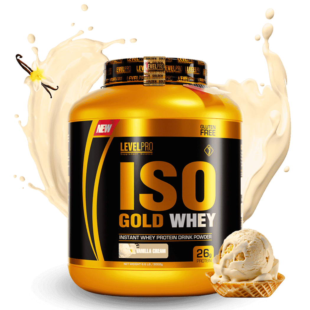 Envase de Proteína Iso Gold Whey 3000g Level Pro – Proteína de suero de leche de alta calidad para ganar masa muscular y recuperación rápida