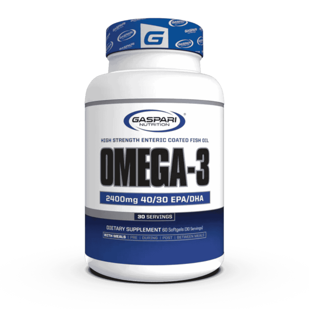 Suplemento Omega 3 Gaspari Nutrition – 960mg EPA y 720mg DHA por porción en envase blanco con azul